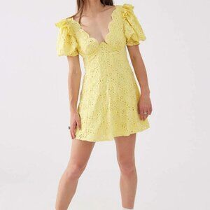 For Love & Lemons Natalia Eyelet Puff Sleeve Mini Dress in Yellow